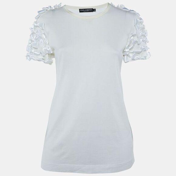 Dolce & Gabbana White Cotton Knit Bow Detail T-Shirt L